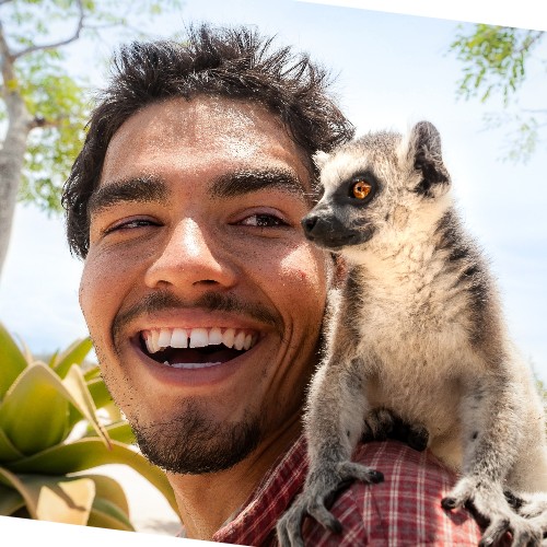 Producer Jonathan Fiely pictured with a lemur on his left shoulder.