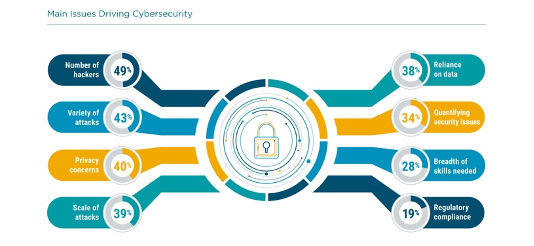 A pie chart of the main issues driving cybersecurity.